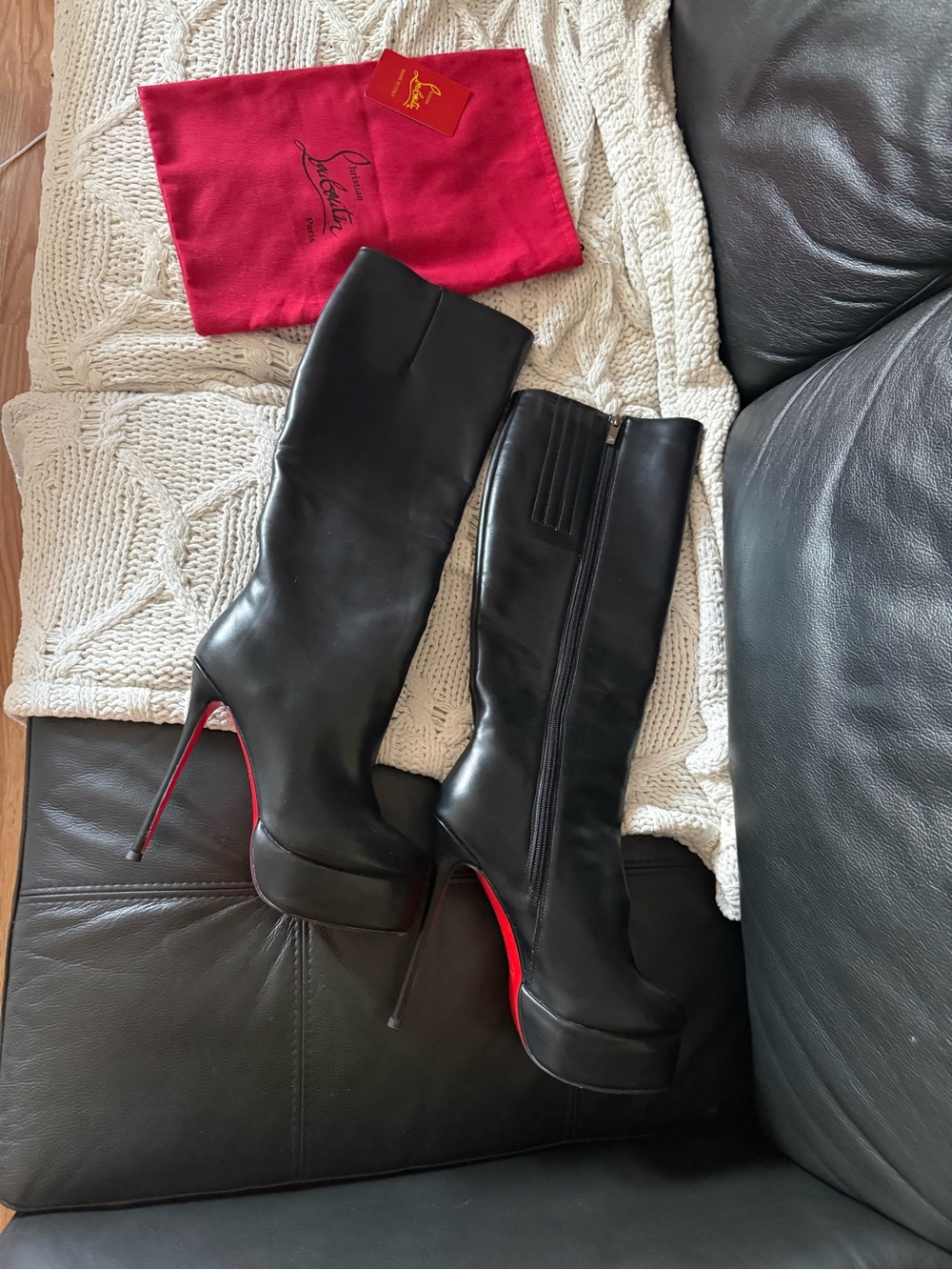 Christian Louboutin Black Leather Over-the-Knee Platform Boots with Red Soles